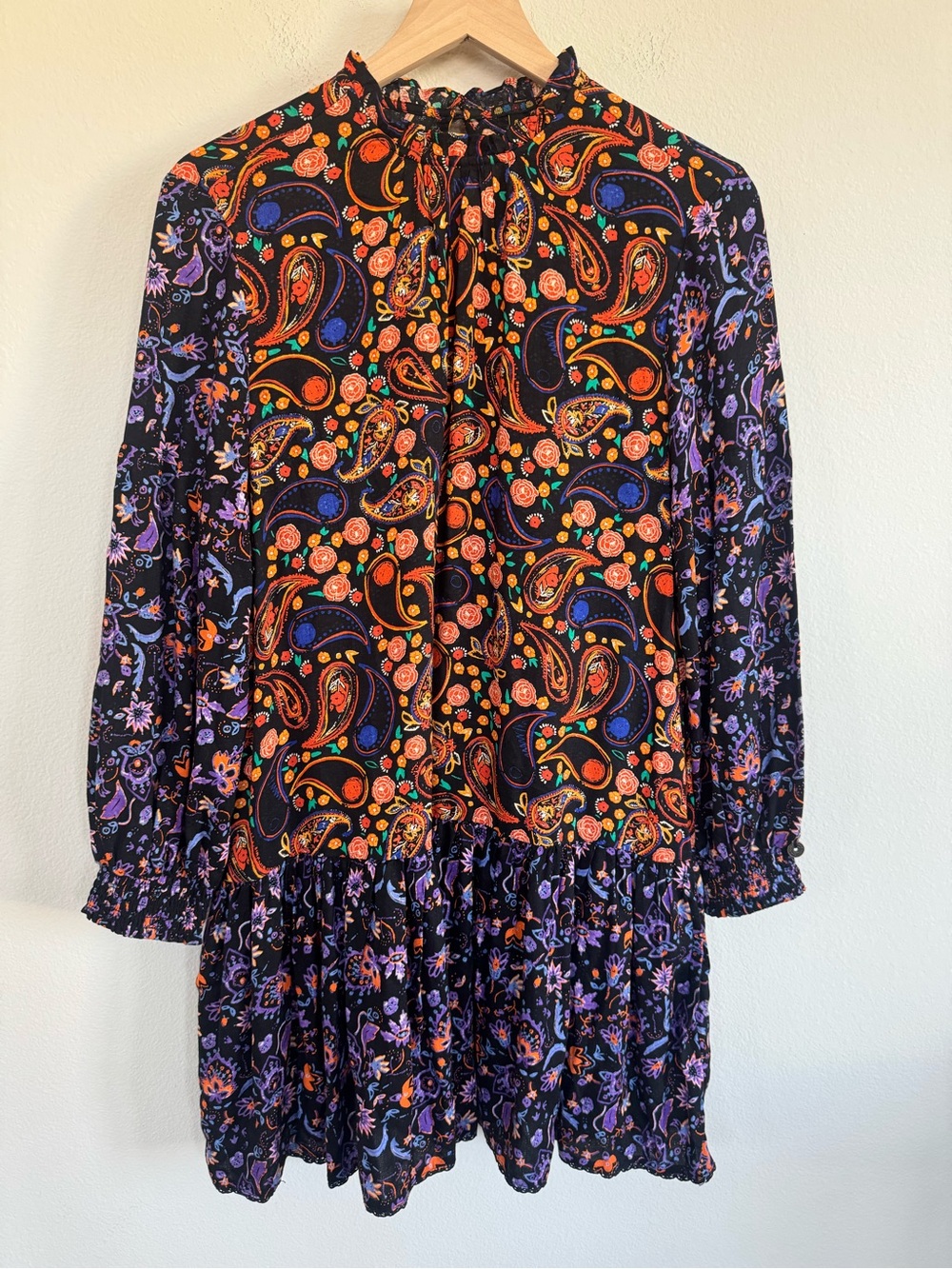 Superdry High Neck Paisley Floral Mini Dress Black Multi Boho Size 4
